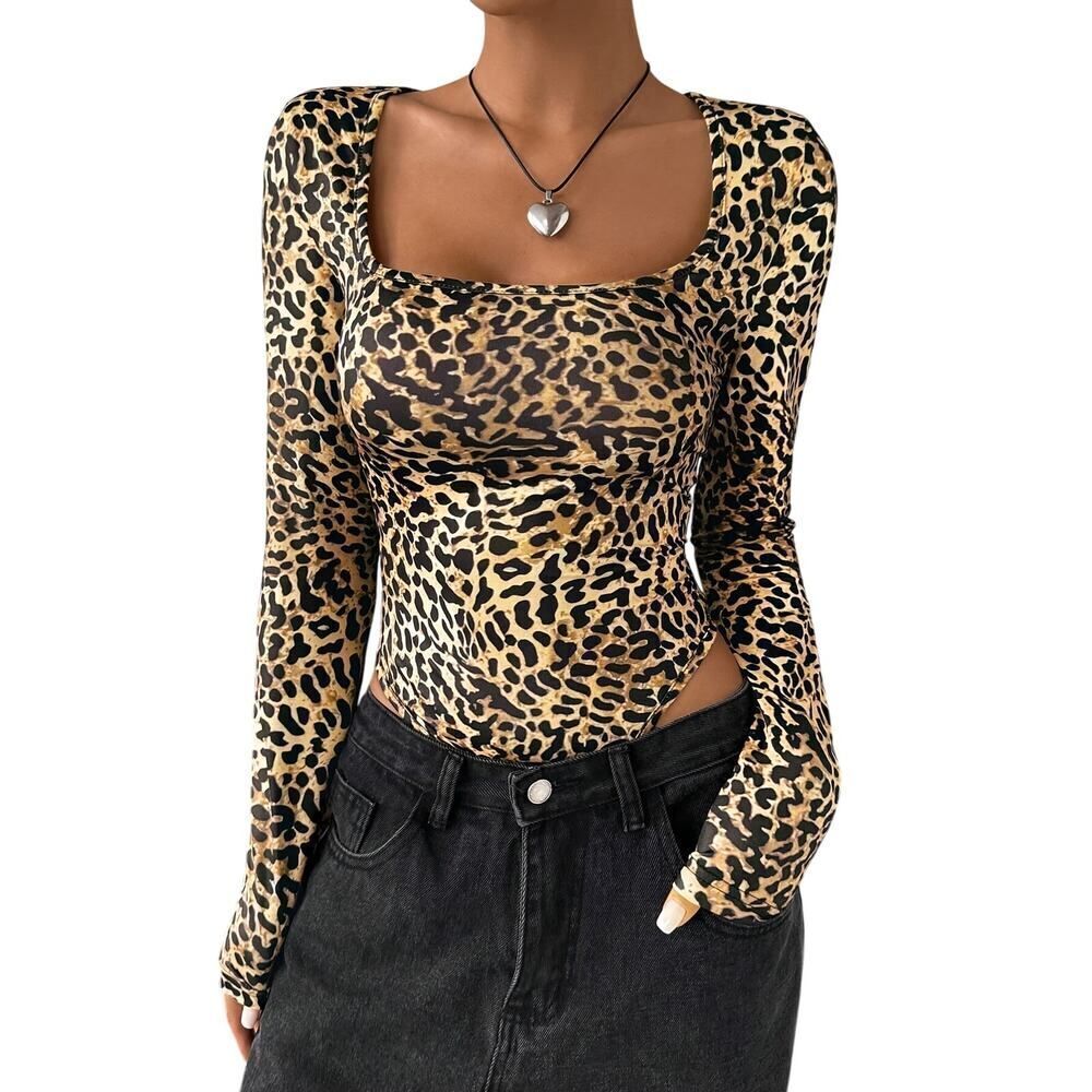 Leopard Print Long Sleeve Bodysuit Beige Brown | Sexy Animal Print Top Size S - Picture 10 of 10